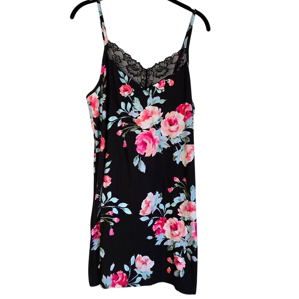 Women’s Floralcore Knit Chemise Black Floral Lace Trim Adjustable Strap Slip Med